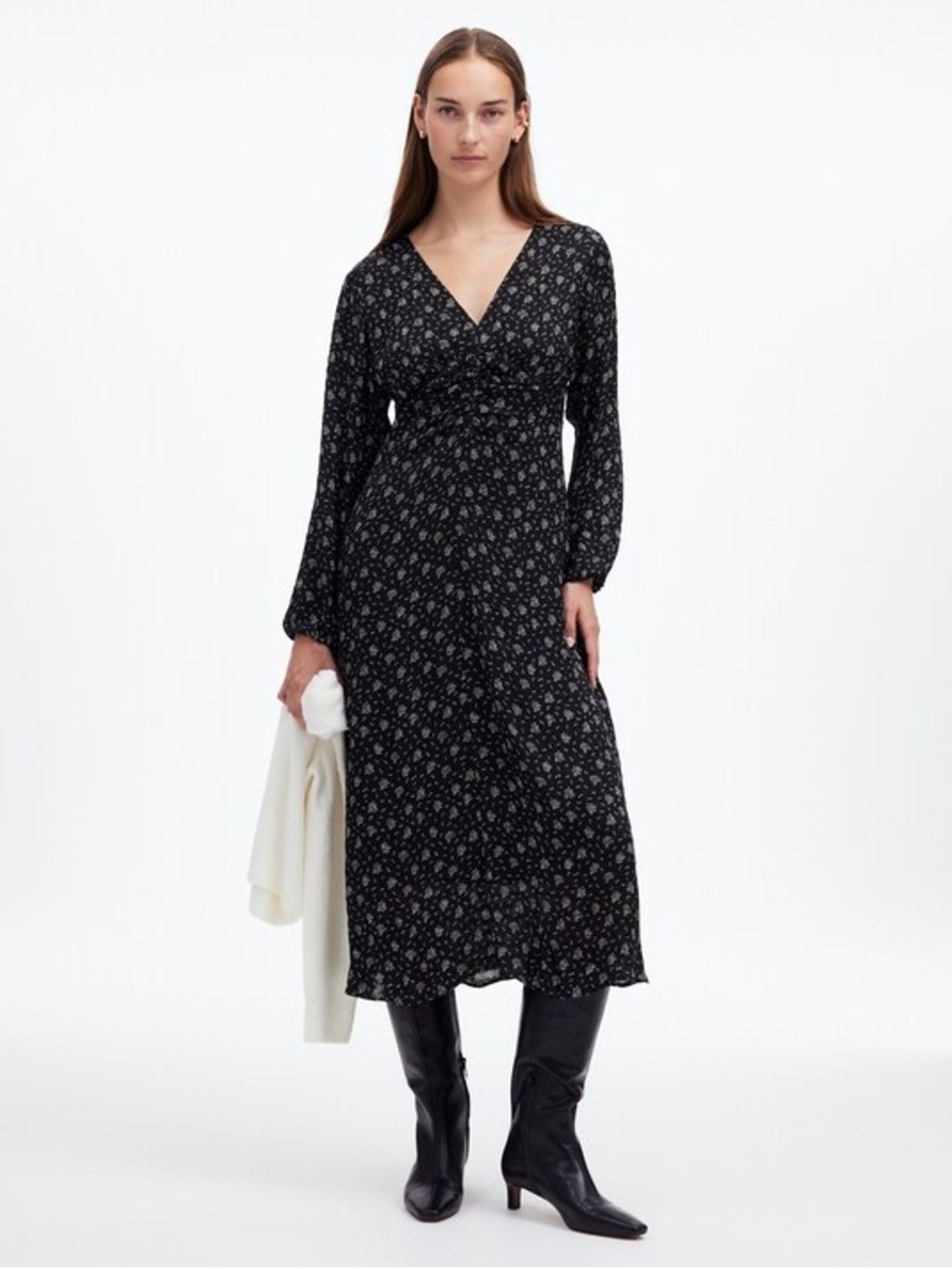 Madewell Black Floral V-Neck Long Sleeve Ruched Midi Dress,Sz.8
